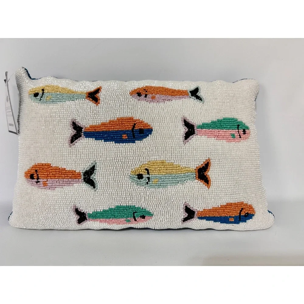 Coastal Collection Colorful Fish Sardines Beaded Decorative Small Pillow NEW